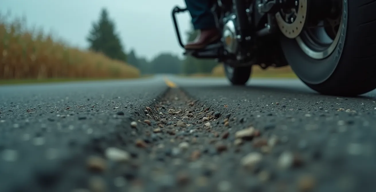 Un motard en pleine concentration, observant attentivement le bitume et le paysage environnant, avec des éléments visuels surlignés comme les graviers, les cultures et la lisière de la forêt.