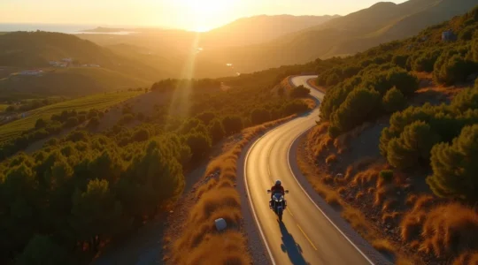 Motard sur route sinueuse traversant les paysages varies d'Aquitaine entre forets de pins et vignobles
