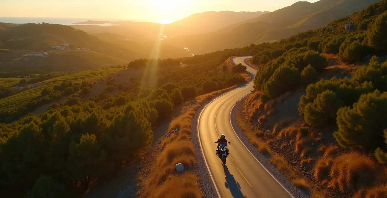 Motard sur route sinueuse traversant les paysages varies d'Aquitaine entre forets de pins et vignobles