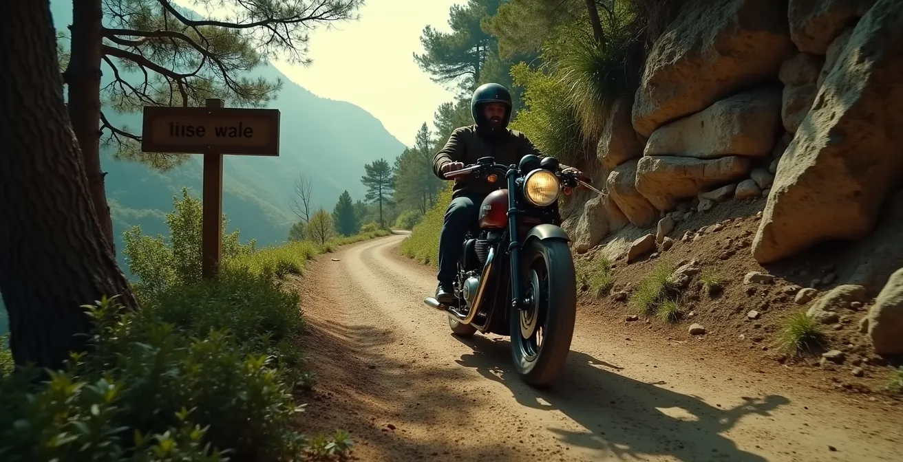 Une moto traverse un sentier de montagne isolé le long de la frontière franco-espagnole, entourée de forêts denses et de rochers, évoquant l'histoire des contrebandiers.