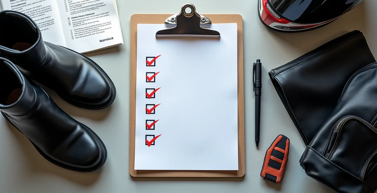 Tableau avec checklist moto, équipement et documents prêts avant entrée sur circuit