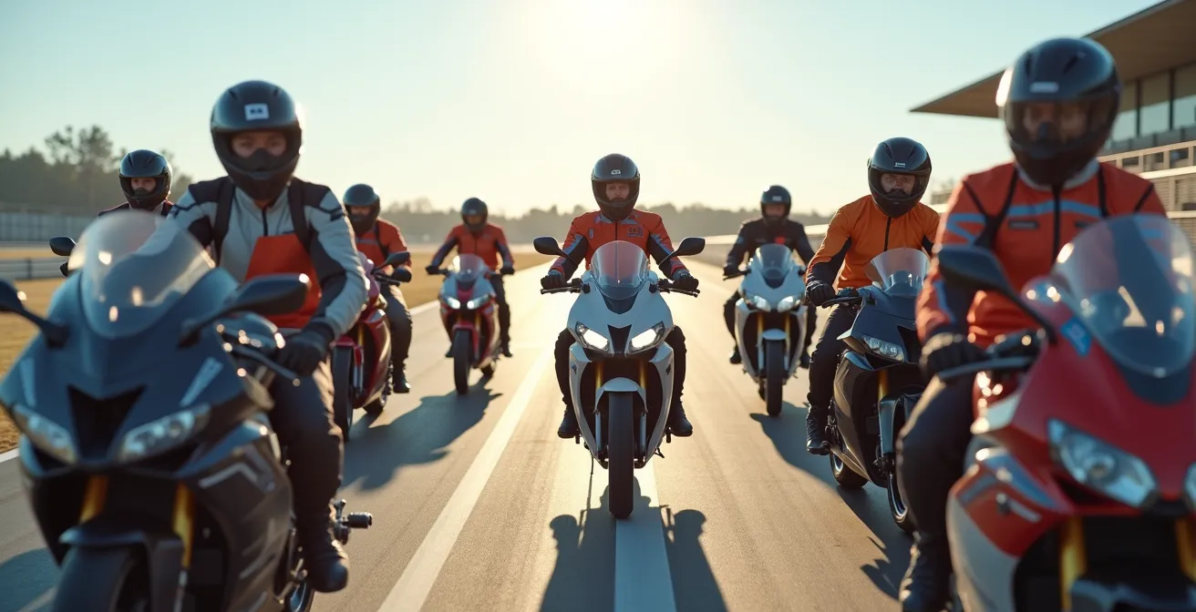 Photo réaliste d'un groupe de motards débutants sur circuit avec coachs, dans un environnement sécurisé et en tenue complète.