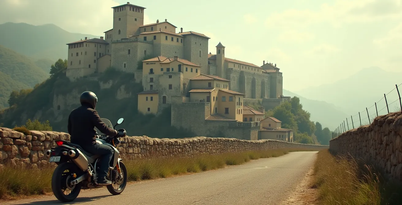 Village medieval fortifie perche sur une colline avec moto de touring garee sur route sinueuse en contrebas