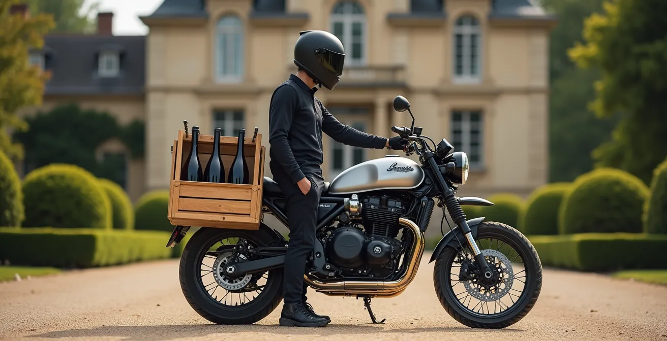 Motard avec casque posant à côté de caisses de bouteilles de vin devant un château médocain