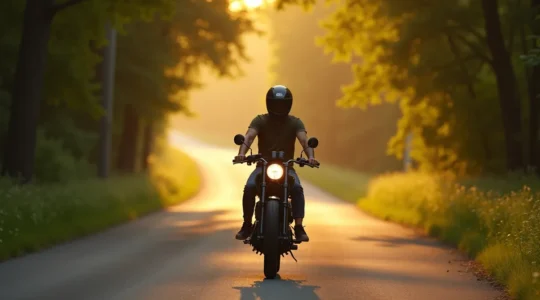 Une moto de type roadster légère sur une petite route de campagne sinueuse bordée d'arbres, au lever du soleil, avec un paysage vallonné en arrière-plan.
