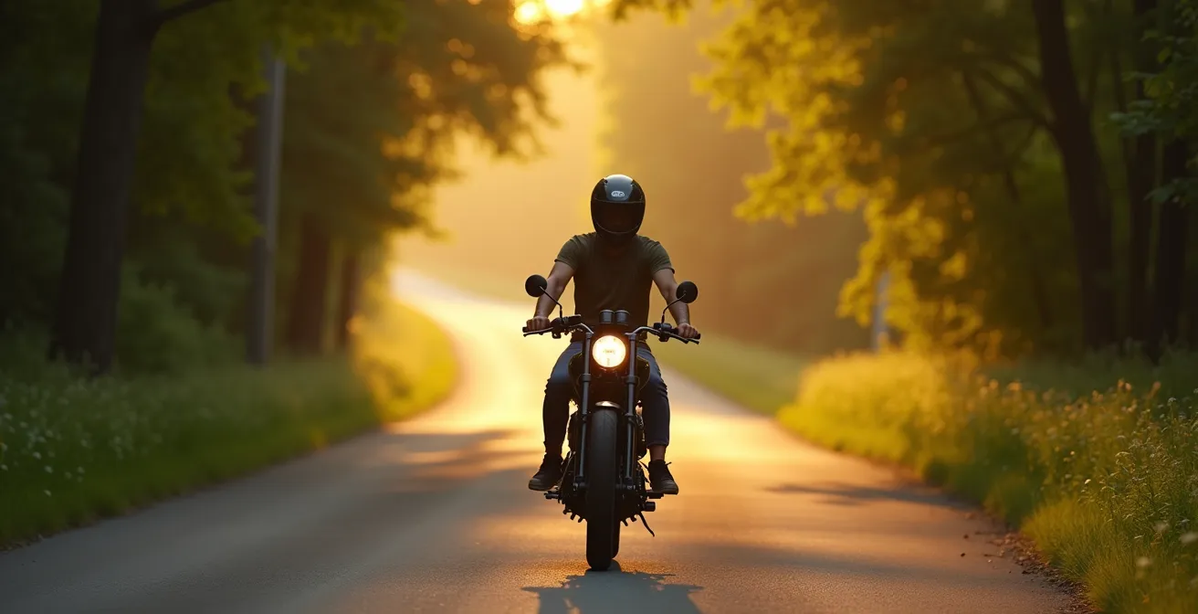 Une moto de type roadster légère sur une petite route de campagne sinueuse bordée d'arbres, au lever du soleil, avec un paysage vallonné en arrière-plan.