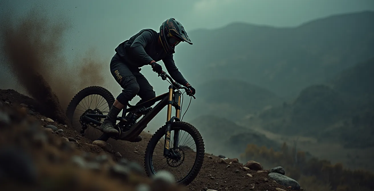 Coureur d'enduro extrême dans une section technique et difficile, exprimant effort et détermination intense