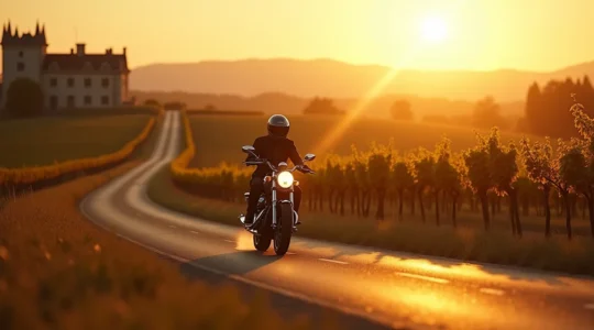Photo d'un motard sur une route bordée de vignes et de châteaux historiques du Médoc au coucher du soleil