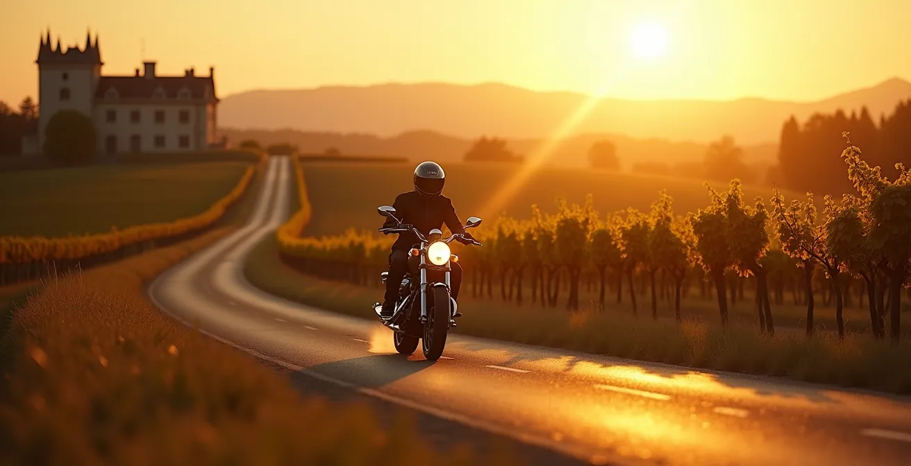 Photo d'un motard sur une route bordée de vignes et de châteaux historiques du Médoc au coucher du soleil