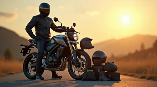 Motard équipé entouré d'accessoires moto essentiels avec une représentation visuelle de la pyramide d'achat d'équipement