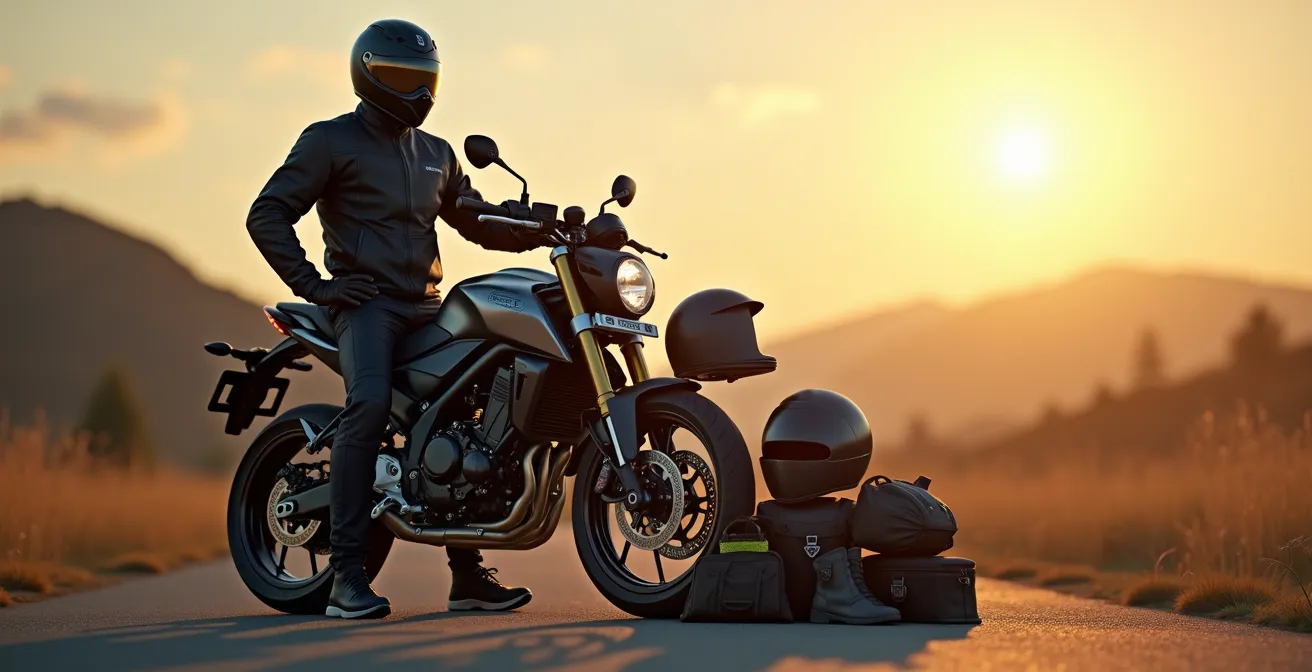 Motard équipé entouré d'accessoires moto essentiels avec une représentation visuelle de la pyramide d'achat d'équipement