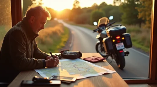 Motard expérimenté préparant méticuleusement son road trip avec carte routière, équipements et moto chargée sur une route pittoresque française
