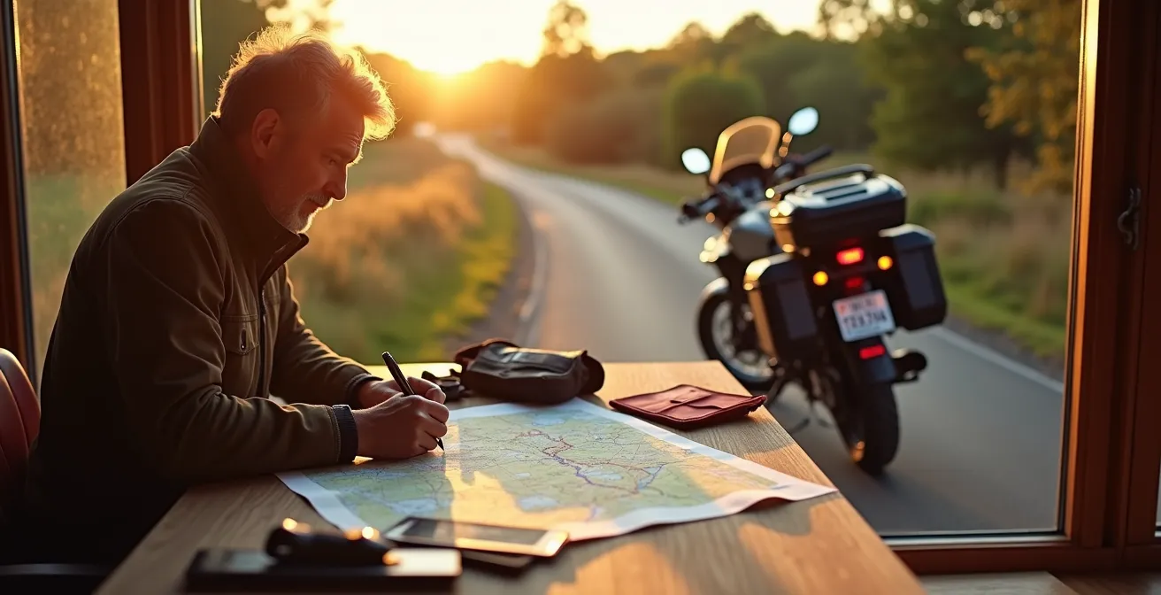 Motard expérimenté préparant méticuleusement son road trip avec carte routière, équipements et moto chargée sur une route pittoresque française