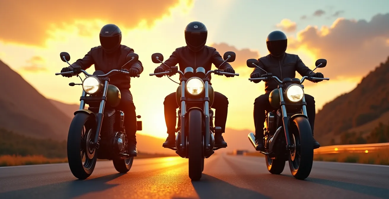 Trois motards représentant un pistard, un cruiser et un baroudeur sur différents terrains symbolisant leur philosophie de conduite