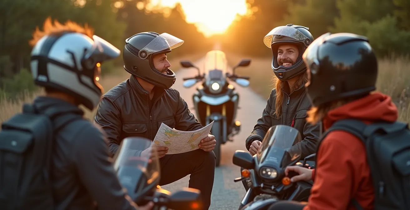 Groupe de motards faisant une pause conviviale lors d'un voyage, partageant un moment d'échange