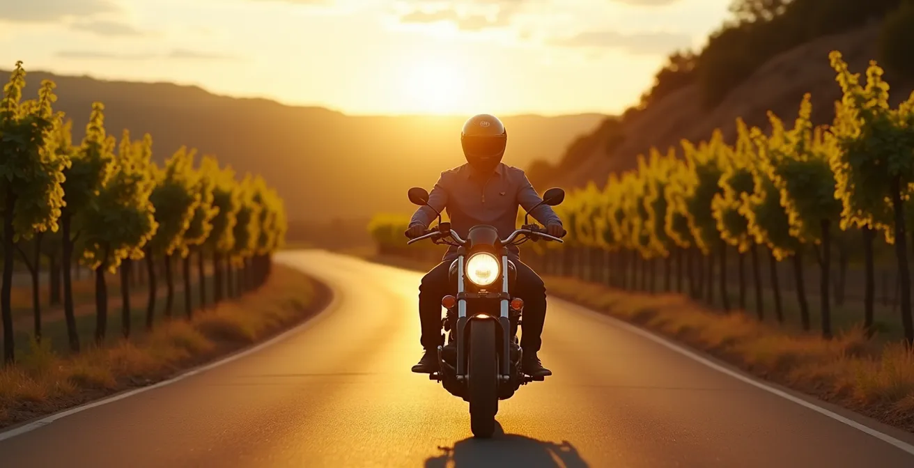 Motard sur la départementale D2 bordée de vignes et châteaux du Médoc sous un ciel clair