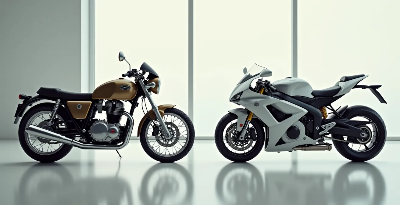 Illustration contrastée d’une moto vintage à côté d’une moto sportive moderne pour symboliser l’équilibre entre tradition et innovation