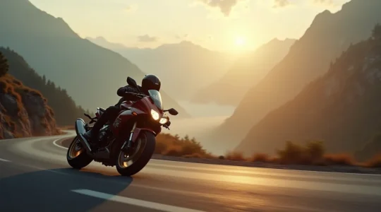 Une moto sportive vue de dos gravit un col sinueux des Pyrénées au lever du soleil, entourée de pics montagneux et de brouillard matinal.