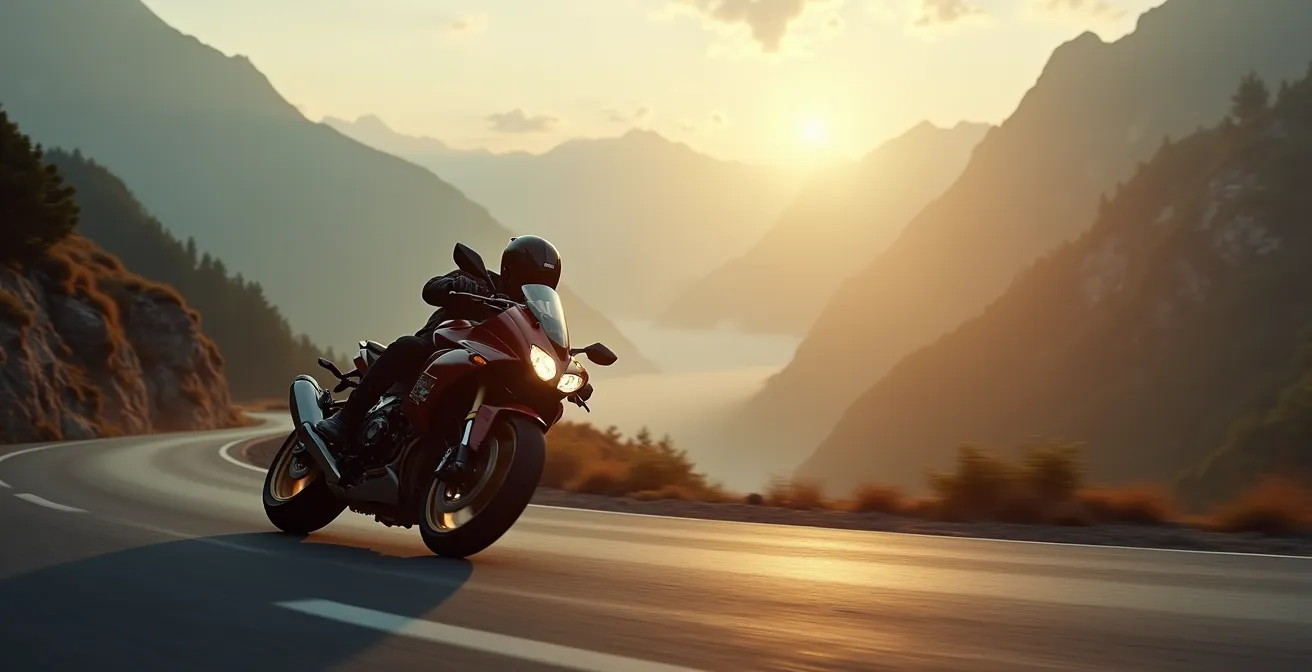 Une moto sportive vue de dos gravit un col sinueux des Pyrénées au lever du soleil, entourée de pics montagneux et de brouillard matinal.