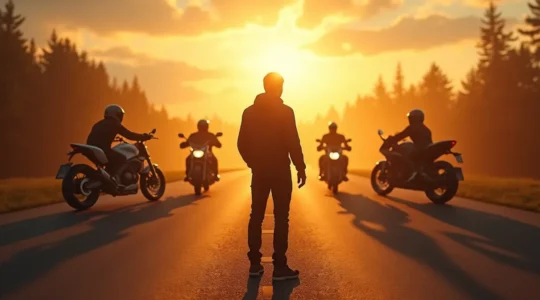 Un motard contemplant plusieurs types de motos différentes reflétant sa personnalité et ses besoins