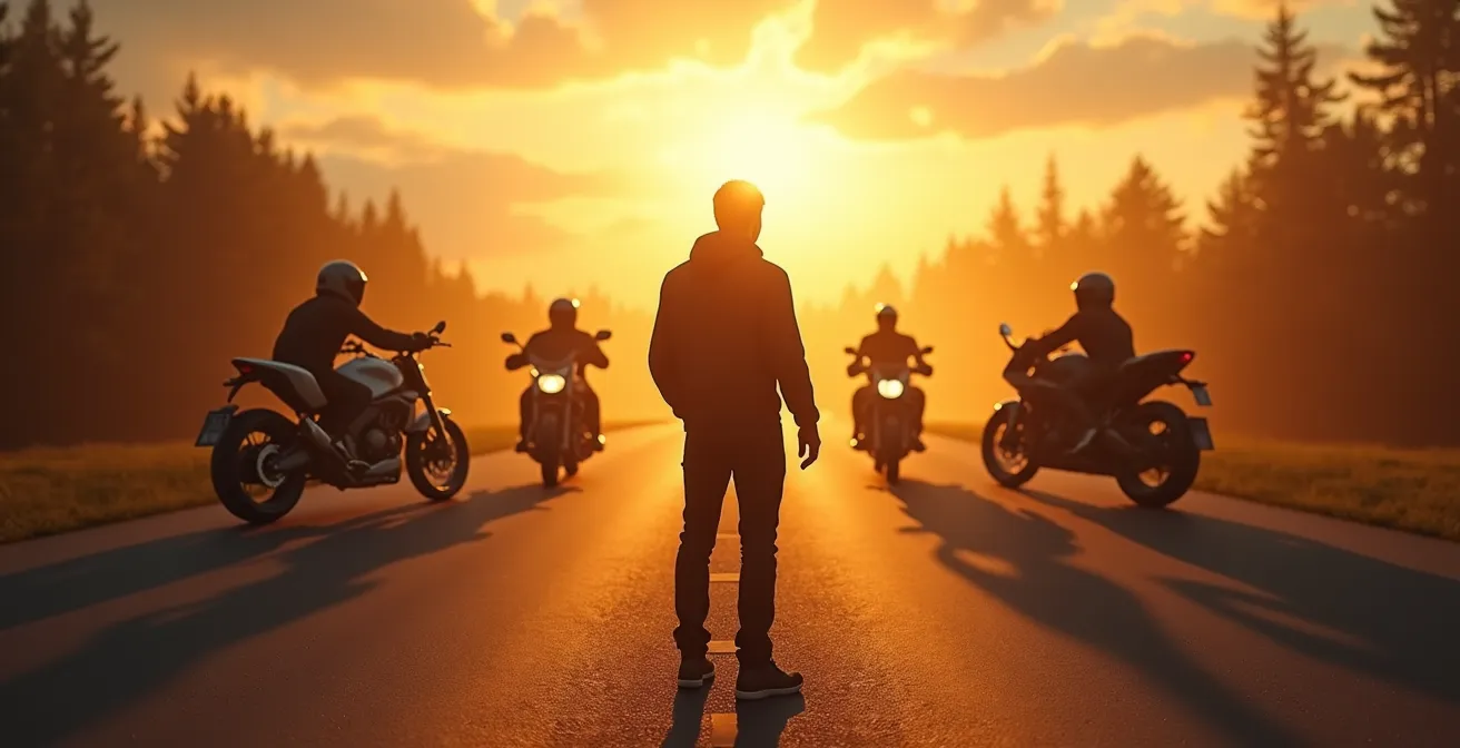 Un motard contemplant plusieurs types de motos différentes reflétant sa personnalité et ses besoins