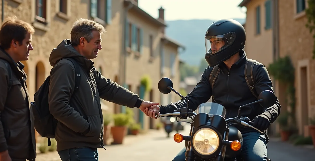 Motard s'arrêtant dans un village français pour demander son chemin à des habitants locaux