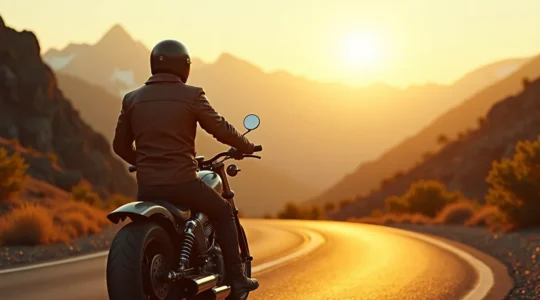 Motard contemplant l'horizon sur une route de montagne au coucher du soleil, incarnant l'art de vivre à moto