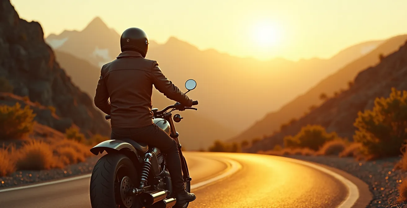 Motard contemplant l'horizon sur une route de montagne au coucher du soleil, incarnant l'art de vivre à moto