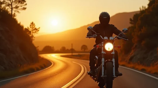 Motard en pleine conduite sur route sinueuse avec un paysage inspirant au coucher du soleil symbolisant la liberté et l'apprentissage de la vie à moto