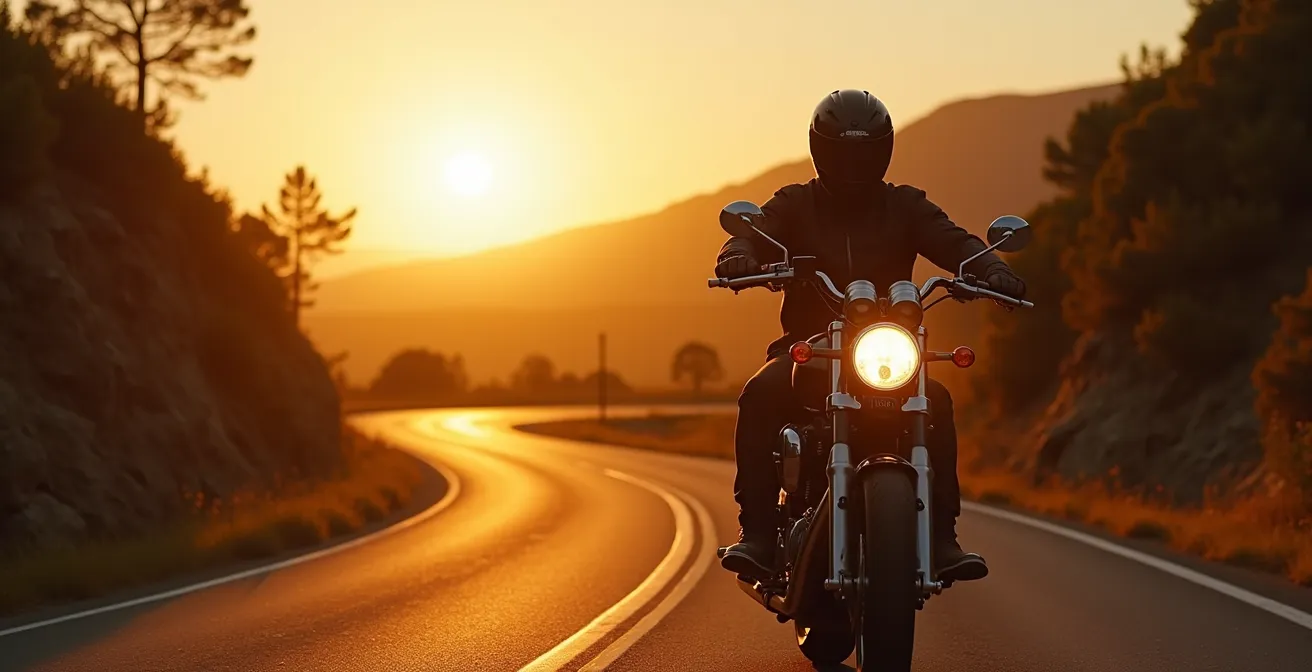 Motard en pleine conduite sur route sinueuse avec un paysage inspirant au coucher du soleil symbolisant la liberté et l'apprentissage de la vie à moto