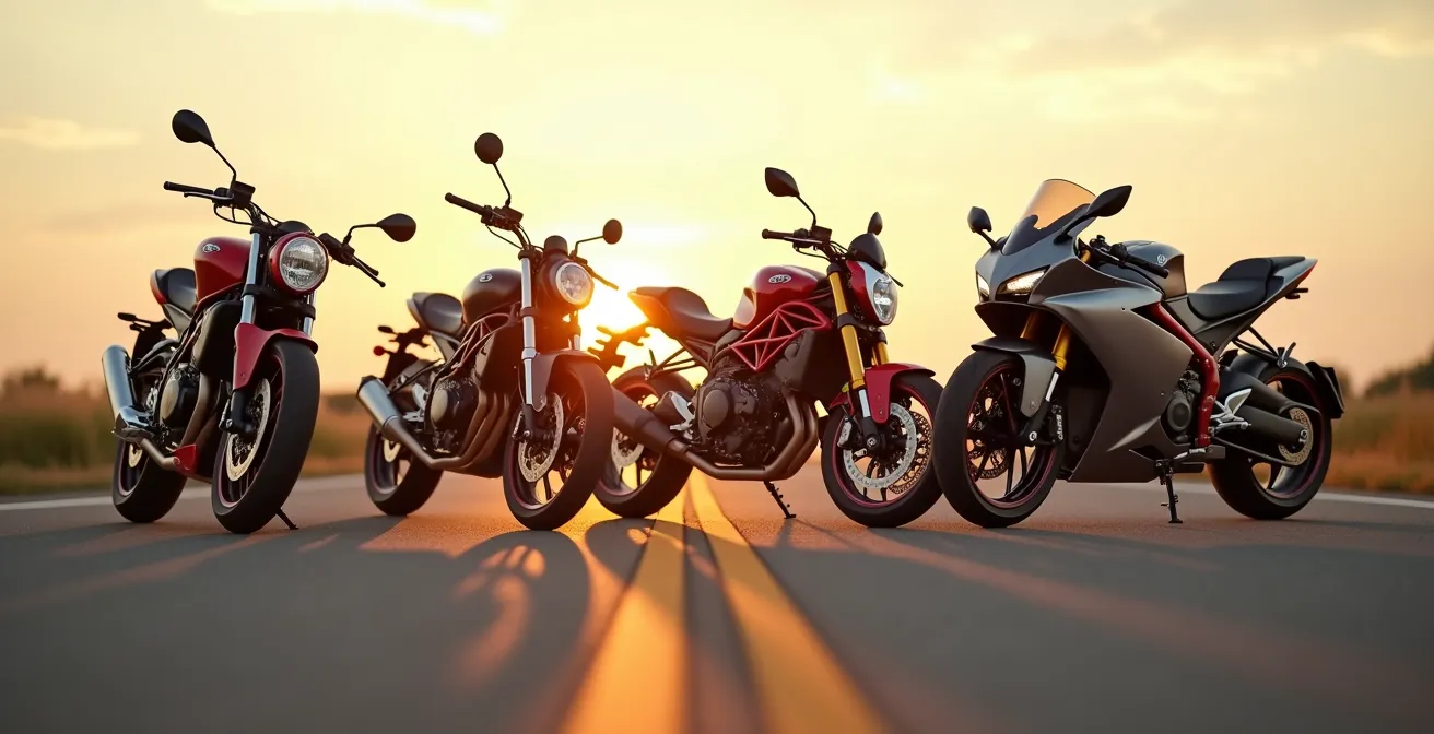 Moto moderne et variée illustrant un ADN unique de constructeur, symbolisant la diversité et la passion des motos idéales