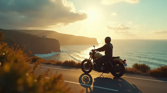 Motard contemplant l'océan Atlantique depuis une route côtière française avec phare en arrière-plan