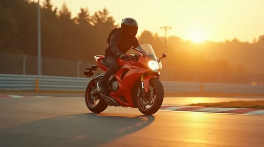 Moto sportive sur circuit avec un pilote débutant en équipement complet, ambiance sécuritaire et plaisir