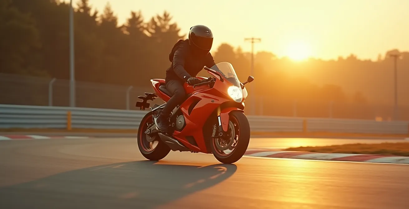 Moto sportive sur circuit avec un pilote débutant en équipement complet, ambiance sécuritaire et plaisir