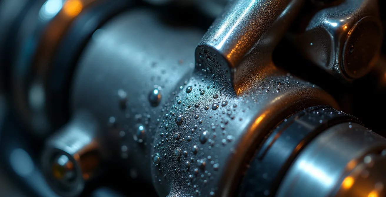 Gros plan sur les détails techniques d'une moto protégée contre la corrosion marine avec produits spécialisés