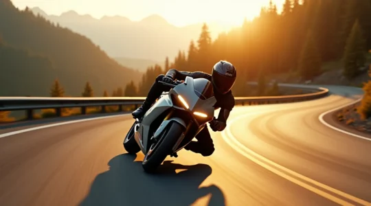 Moto sportive en action sur une route sinueuse avec un pilote concentré, capturant la vitesse et la technique.