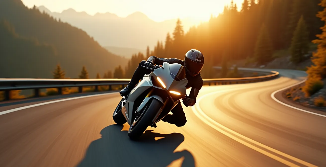 Moto sportive en action sur une route sinueuse avec un pilote concentré, capturant la vitesse et la technique.