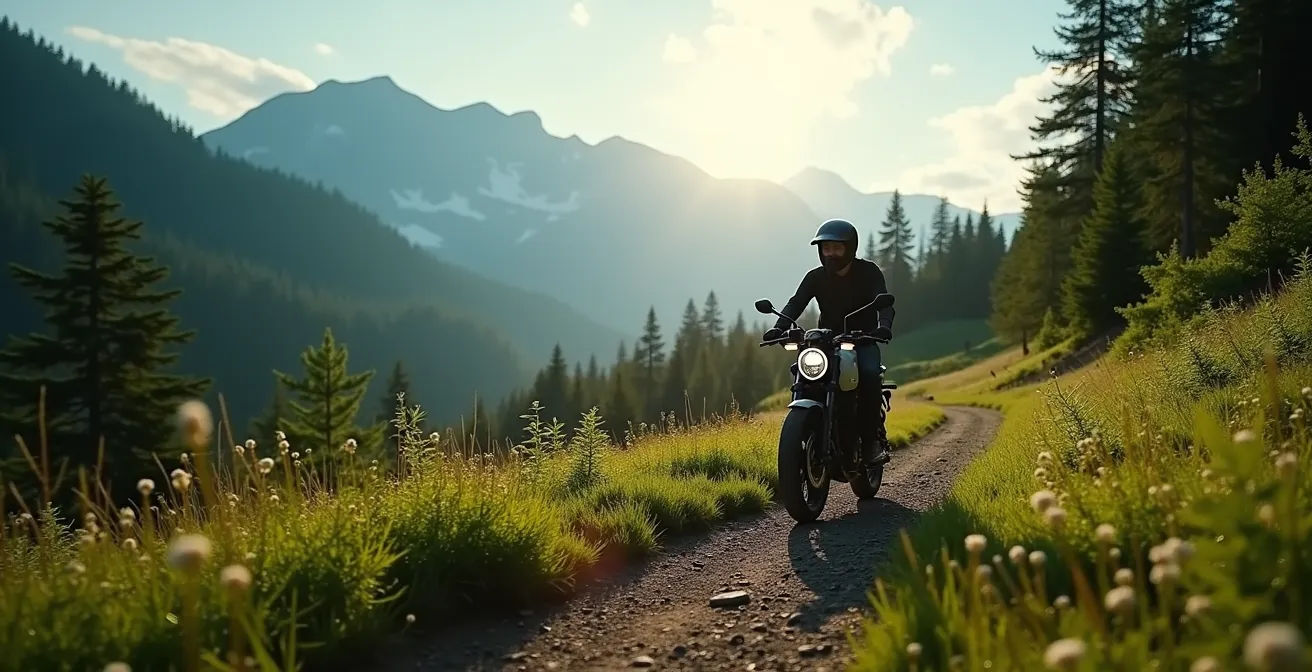 Moto verte électrique en pleine nature symbolisant aventure durable et défis environnementaux