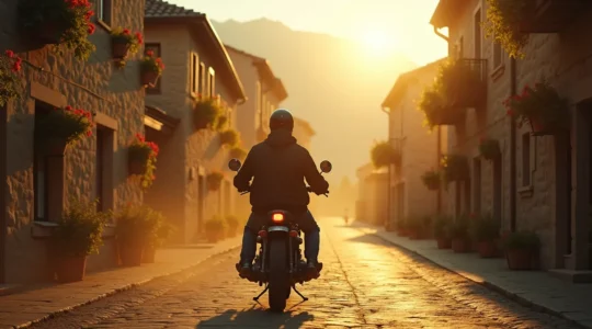 Motard traversant un village pittoresque français au coucher du soleil