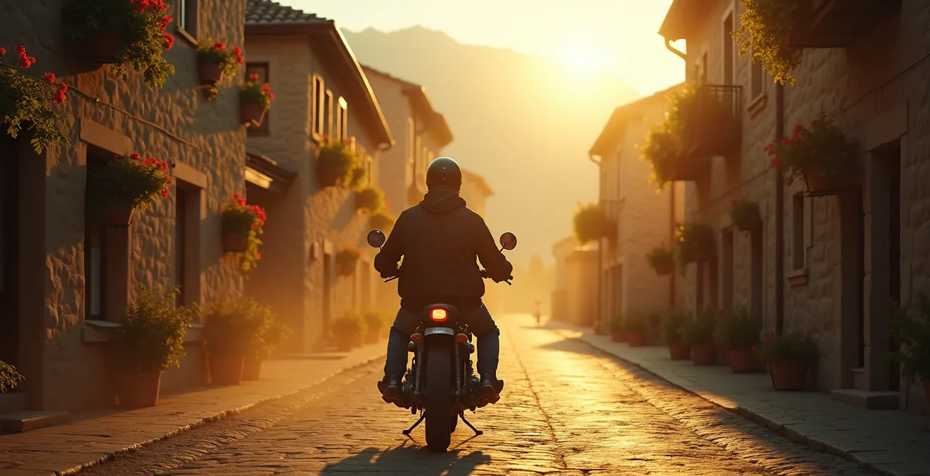 Motard traversant un village pittoresque français au coucher du soleil