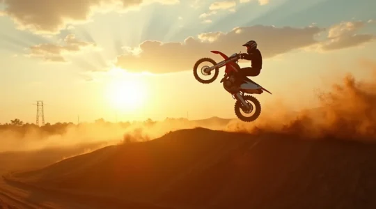 Pilote de motocross en pleine action sur circuit de cross avec bosses et sauts, incarnant l'adrénaline pure du tout-terrain