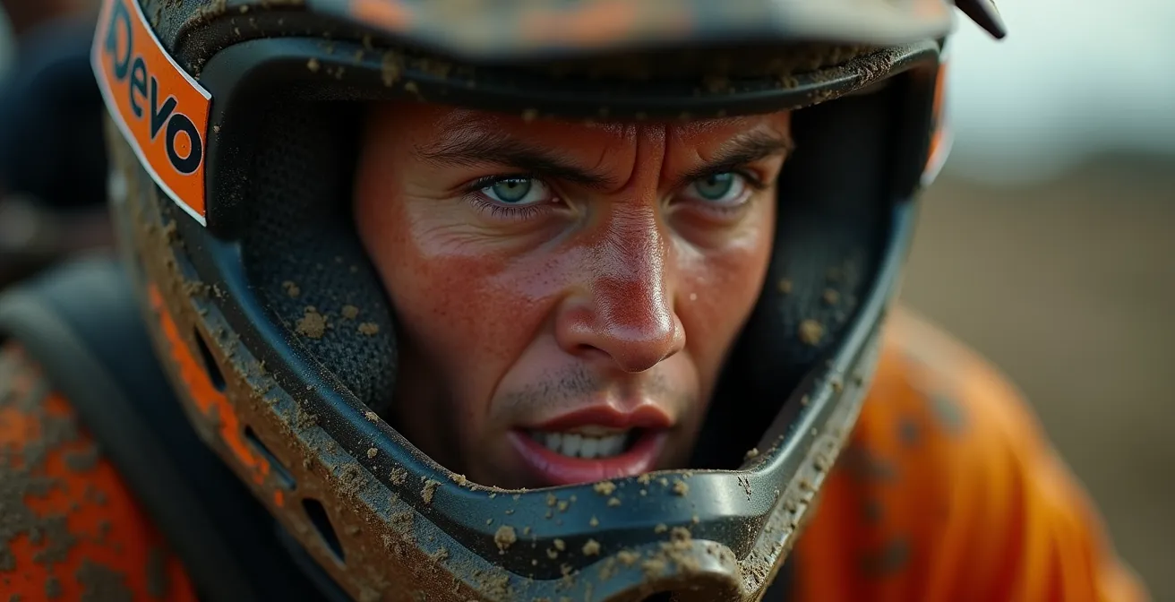 Pilote de motocross en plein effort physique intense, montrant la concentration et l'exigence du sport