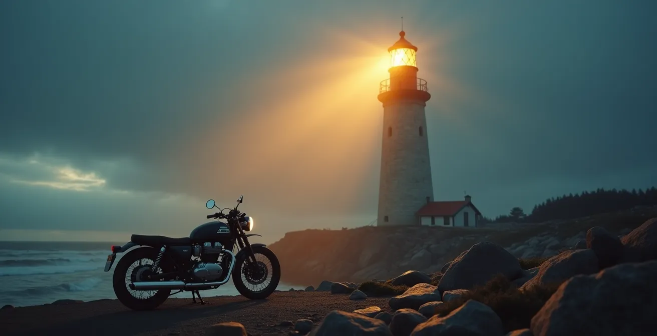 Moto stationnée devant un phare imposant sur la côte atlantique avec lumière du phare créant des rayons dramatiques