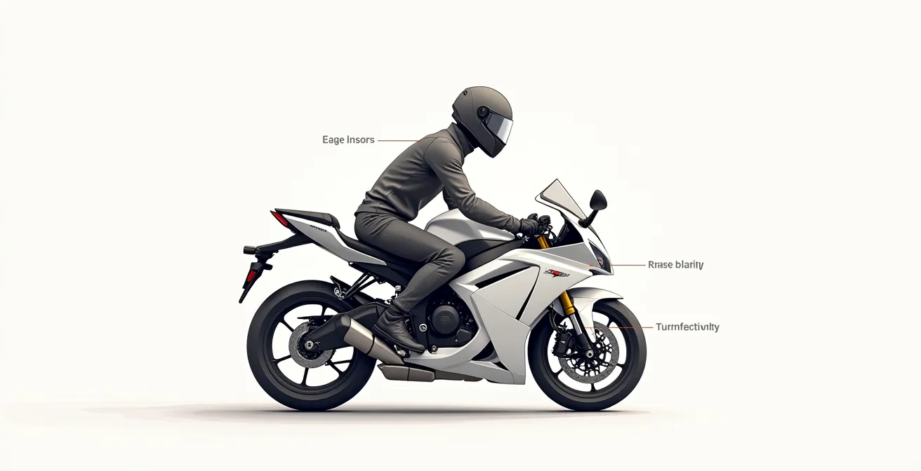 Diagramme pédagogique d'un pilote de moto sportive montrant le gainage abdominal, la position des genoux et la posture de conduite.