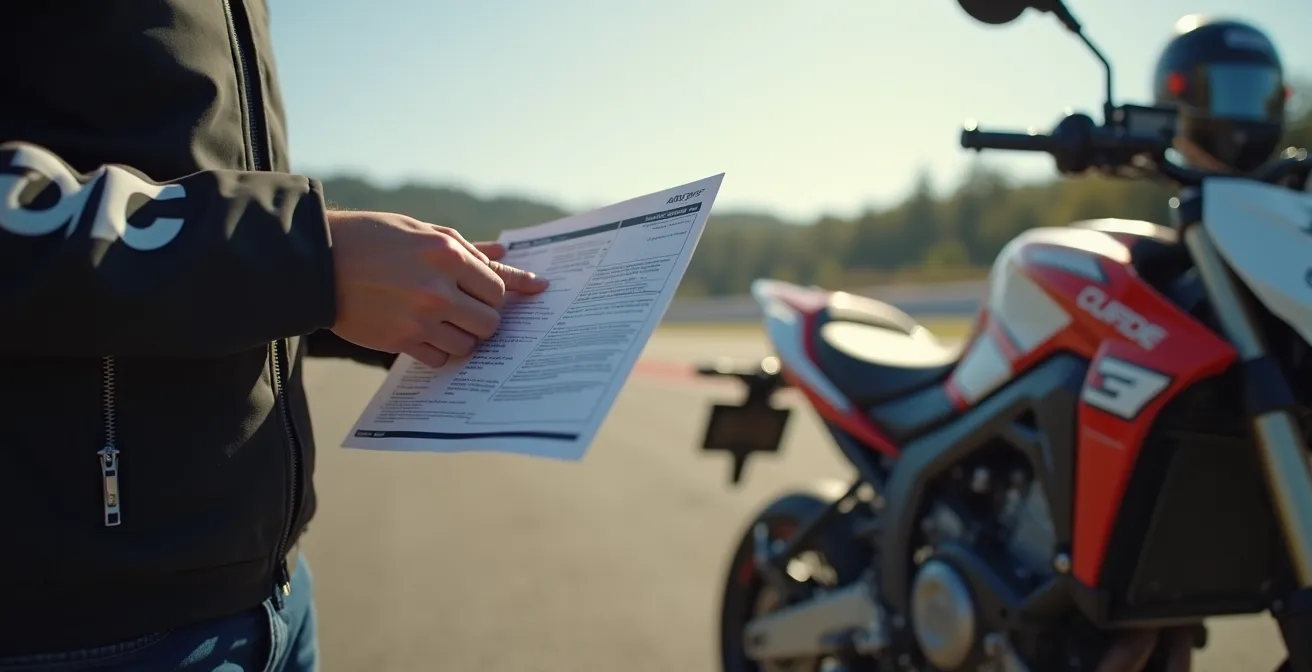 Motard débutant préparant sa moto et ses documents administratifs avant une course amateur