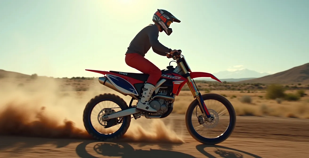 Démonstration de la position d'attaque correcte en motocross avec pilote centré sur la moto