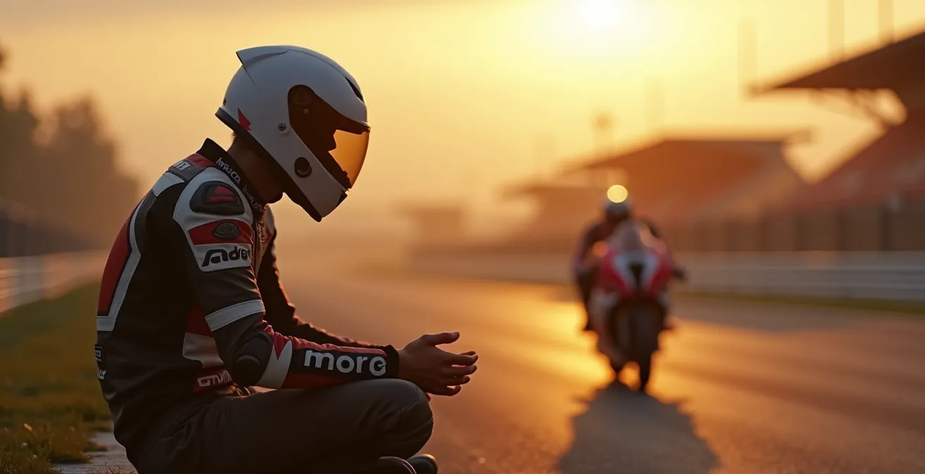 Pilote moto débutant préparant mentalement sa journée sur circuit, calme et posé au lever du soleil