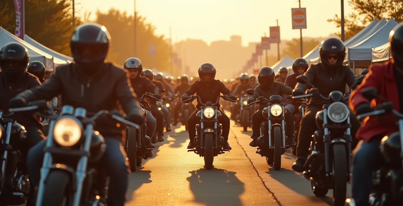 Grande foule motarde diverse en rassemblement festif avec stands, échanges et motos de styles variés au coucher du soleil