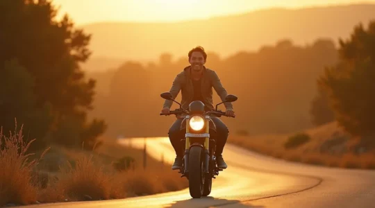 Vue panoramique d'un roadster moderne roulant sur une route sinueuse avec un pilote souriant, symbolisant la liberté et le plaisir de conduire