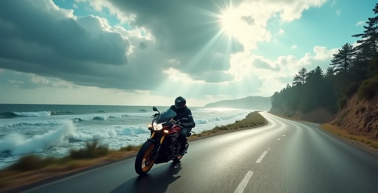 Route cotiere serpentant le long de l'estuaire de la Gironde avec moto sport-touring face a l'ocean a maree haute